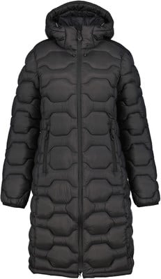 Schwarze gesteppte Jacke mit Kapuze und Reißverschluss.