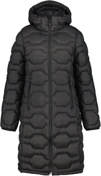 Schwarze gesteppte Jacke mit Kapuze und Reißverschluss.