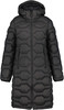 Schwarze gesteppte Jacke mit Kapuze und Reißverschluss.