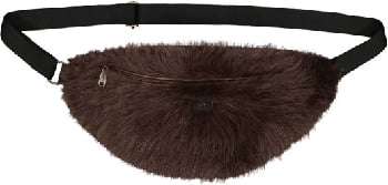 Braune Plüsch-Bauchtasche mit schwarzem Gurt und Reißverschluss.