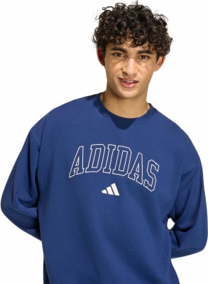 Ein Mann mit lockigem Haar trägt einen blauen Pullover mit Adidas-Logo.