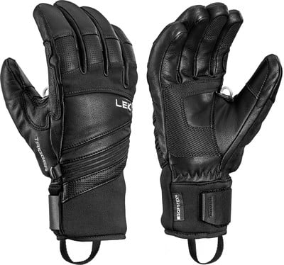 Schwarze Skihandschuhe mit Leki-Logo und Riemen. Schwarze Skihandschuhe mit Leki-Logo und Riemen.
