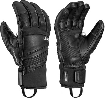 Schwarze Skihandschuhe mit Leki-Logo und Riemen.