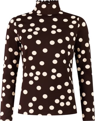 Damen-Rollkragenpullover in Braun mit weißen Punkten und Rüschenkragen. Damen-Rollkragenpullover in Braun mit weißen Punkten und Rüschenkragen.