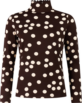 Damen-Rollkragenpullover in Braun mit weißen Punkten und Rüschenkragen.