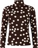 Damen-Rollkragenpullover in Braun mit weißen Punkten und Rüschenkragen.