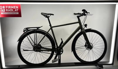 Grünes Citybike mit Riemenantrieb und Gepäckträger.