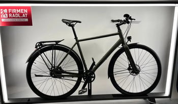 Grünes Citybike mit Riemenantrieb und Gepäckträger.