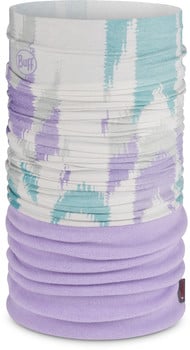 Nackenwärmer mit lila Fleece und Tie-Dye-Muster in Pastellfarben.