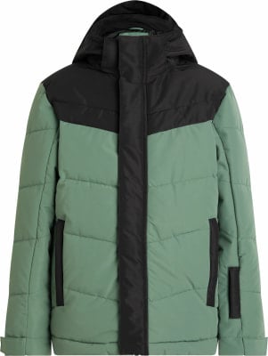 Grüne Daunenjacke mit schwarzen Details und Kapuze. Grüne Daunenjacke mit schwarzen Details und Kapuze.