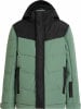 Grüne Daunenjacke mit schwarzen Details und Kapuze.