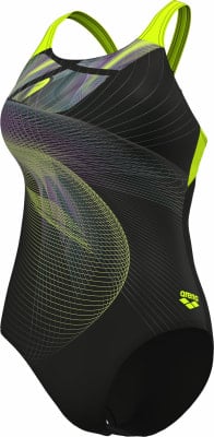 Arena Damen Badeanzug mit auffälligem geometrischem Muster und Neon-Akzenten.