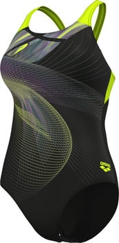 Arena Damen Badeanzug mit auffälligem geometrischem Muster und Neon-Akzenten.