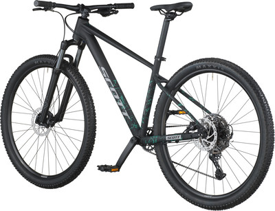 Schwarzes Scott Mountainbike mit Federung und Scheibenbremsen.