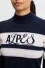 Damenpullover mit hohem Kragen und gestreiftem Design mit Logo.