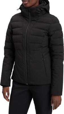Schwarze Damen-Daunenjacke mit Kapuze und Reißverschluss.