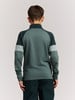 Rückansicht eines Jungen in einem dunkelgrünen Pullover und dunkler Hose.