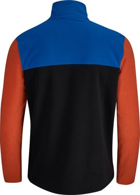 Rückansicht einer Herren-Fleecejacke mit blauem, schwarzem und orangefarbenem Streifen.