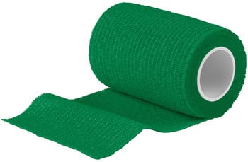 Grünes elastisches Verbandmaterial mit weißem Kern, teilweise abgerollt.