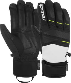 Schwarze Reusch Skihandschuhe mit weißem und grünem Detail, wasserdicht.