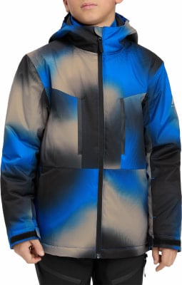 Jungenjacke mit blau-beigem Muster, mit Kapuze und Reißverschluss.