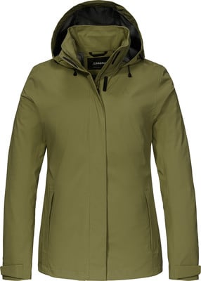 Grüne Damenjacke mit Kapuze und Schöffel-Logo auf der Brust. Grüne Damenjacke mit Kapuze und Schöffel-Logo auf der Brust.