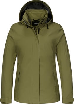 Grüne Damenjacke mit Kapuze und Schöffel-Logo auf der Brust.