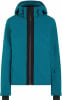 Blaue Skijacke mit schwarzem Reißverschluss und Kapuze.