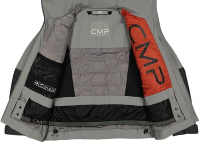 Die Innenseite einer grauen Jacke mit orangefarbenem Futter und CMP-Logo. Die Innenseite einer grauen Jacke mit orangefarbenem Futter und CMP-Logo.