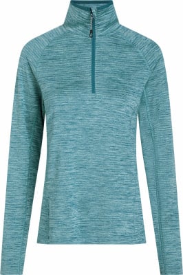 Dunkelblau-türkiser Damenpullover mit langen Ärmeln und kurzem Reißverschluss.