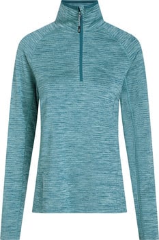 Dunkelblau-türkiser Damenpullover mit langen Ärmeln und kurzem Reißverschluss.