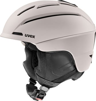 Ein beiger Skihelm von UVEX mit schwarzem Logo und Belüftung.