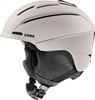 Ein beiger Skihelm von UVEX mit schwarzem Logo und Belüftung.