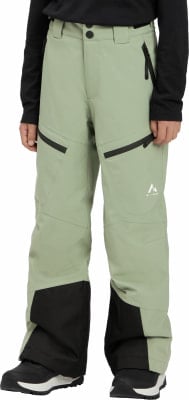 Helle grüne Skihose für Kinder mit schwarzen Details und Logo.