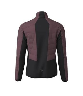Rückansicht einer gesteppten Jacke mit schwarzen und weinroten Einsätzen. Rückansicht einer gesteppten Jacke mit schwarzen und weinroten Einsätzen.