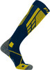 Dunkelblauer Skistrumpf mit gelben Akzenten und Logo.