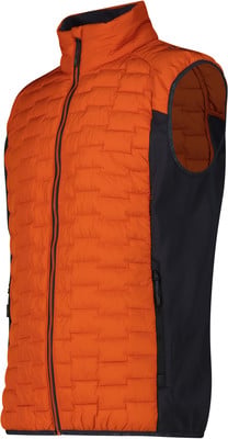 Orange gesteppte Weste mit schwarzen Seitenteilen und Reißverschluss. Orange gesteppte Weste mit schwarzen Seitenteilen und Reißverschluss.