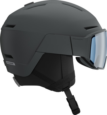 Ein dunkelgrauer Salomon Skihelm mit integrierter Skibrille. Ein dunkelgrauer Salomon Skihelm mit integrierter Skibrille.