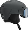 Ein dunkelgrauer Salomon Skihelm mit integrierter Skibrille.