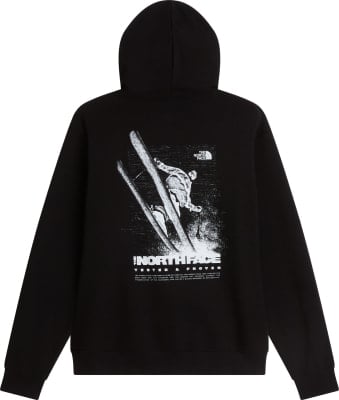 Schwarzer Hoodie mit Kapuze und Aufdruck eines Skifahrers und des The North Face Logos.