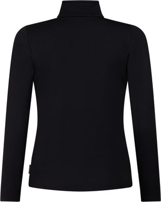 Schwarzer Rollkragenpullover mit langen Ärmeln, figurbetonter Schnitt, kleines Detail am Saum.