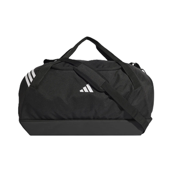 Schwarze Adidas Sporttasche mit weißen Streifen und Logo.