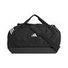 Schwarze Adidas Sporttasche mit weißen Streifen und Logo.