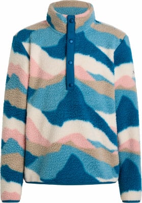Bunte Fleecejacke mit blauem Druckknopfverschluss und hohem Kragen. Bunte Fleecejacke mit blauem Druckknopfverschluss und hohem Kragen.