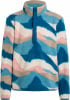 Bunte Fleecejacke mit blauem Druckknopfverschluss und hohem Kragen.