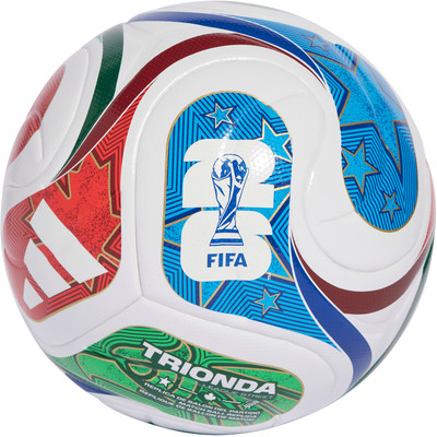 Weißer Fußball mit blauen Sternen und FIFA-Logo.