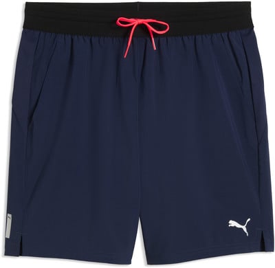 Herren-Shorts von Puma in Dunkelblau mit pinker Kordel und Logo. Herren-Shorts von Puma in Dunkelblau mit pinker Kordel und Logo.