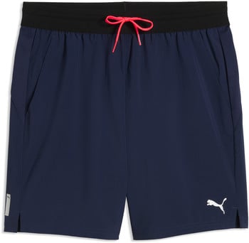 Herren-Shorts von Puma in Dunkelblau mit pinker Kordel und Logo.