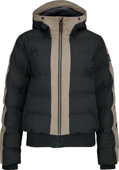 Schwarze Daunenjacke mit beigen Streifen an den Ärmeln und vorne.