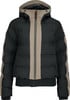 Schwarze Daunenjacke mit beigen Streifen an den Ärmeln und vorne.